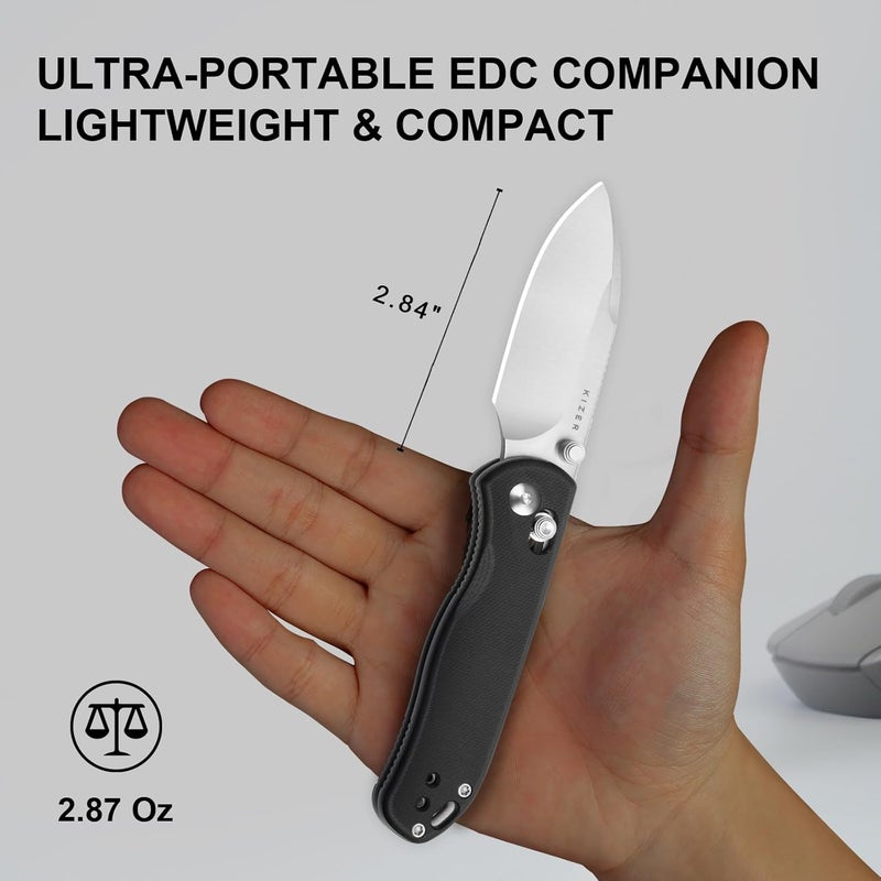 KIZER سكين جيب دروب بير 2، شفرة نقطة إسقاط 2.84" AEB-L قابلة للطي مع مقبض G10 أسود، سكاكين EDC بقفل كلاش للرجال والنساء V3619.2KD1 - Image 5